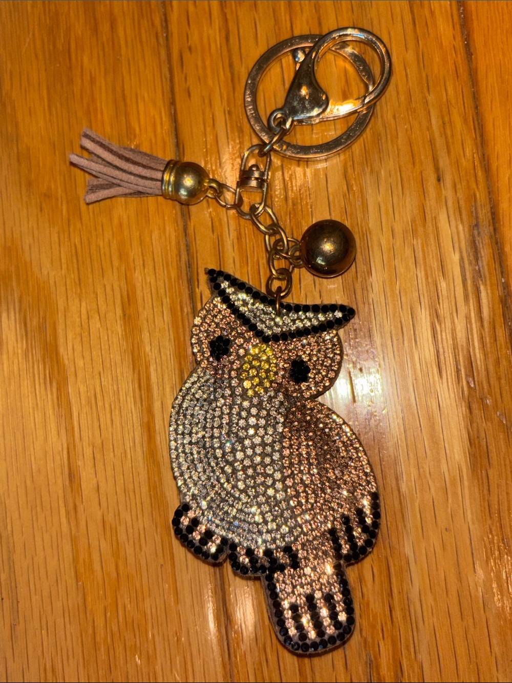 Rhinestone Owl Keychain Charm in Rose Gold